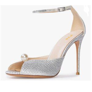 FYS White Pearl Peep Toe Ankle Strap Stiletto High Heels Rhinestone Sandal